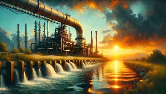An industrial complex with towering chimneys and a large pipeline is depicted beside a waterway, under a dramatic sunset sky.

