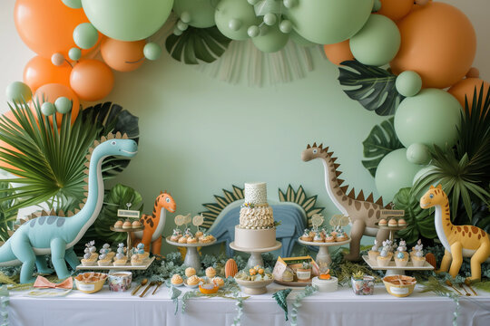 Birthday party with dinosaur theme in neutral bright colors