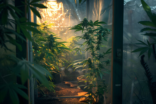 Indoor Cannabiskultur: Farbenpr&auml;chtige Growbox mit reifen Cannabispflanzen