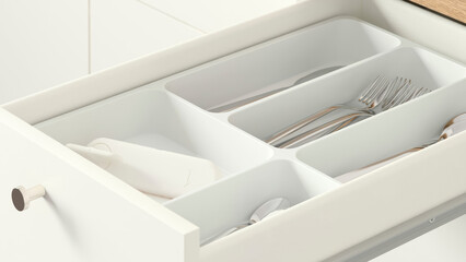 Closeup of open drawer with kitchen cutlery.