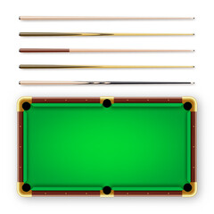 Various wooden billiard cues and green pool table. Snooker sports equipment. Vintage cue. Recreation and hobby, competitive game. Vector illustration