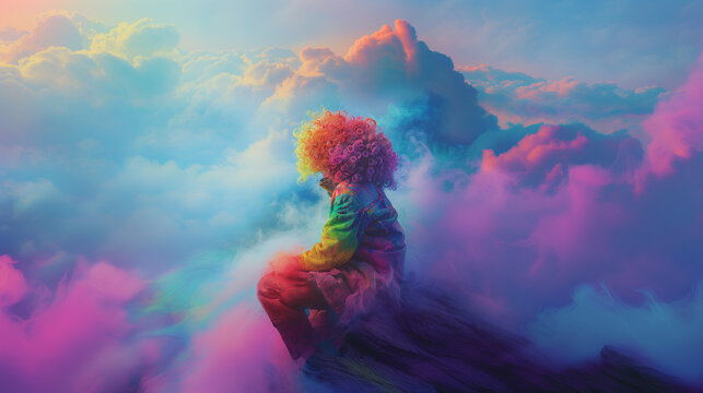 A person in rainbow colors on top of a mountain among clouds.
It's OK to be different.