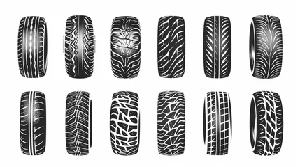 Fotobehang Tire mark. Car and motorcycle tire track vector set. Truck tread mark on the road concept. Vector tire mark from different tread type of car and motor wheel © Orxan