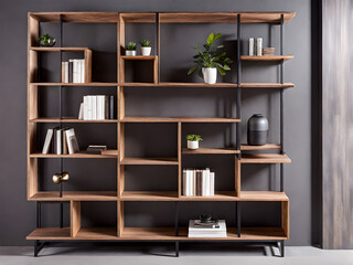 Fototapeta na wymiar Industrial-Inspired Versatility: Bench and Adjacent Bookshelf for Stylish Storage