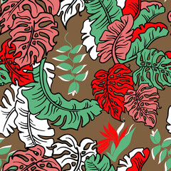 Banana plant leaves pattern for textile design, fabric print, wallpaper, digital paper. Palm tree leaf background, jungle vintage style, hand drawn illustration for spa salon, cafe, hotel decoration.