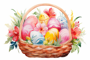 Easter Basket Filled With Easter Eggs and flowers , isolated on solid white , watercolor style