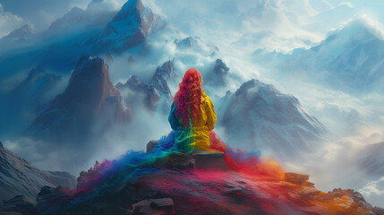 A person in rainbow colors on a mountain  top above clouds. It's OK to be different - obrazy, fototapety, plakaty