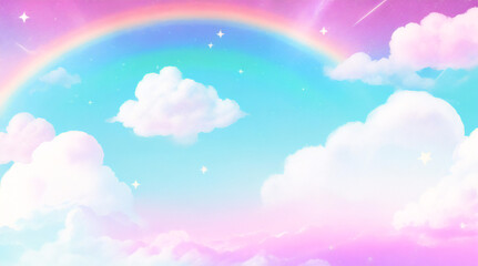 Holographic fantasy rainbow unicorn background with clouds and stars. Pastel color sky. Magical landscape, abstract fabulous pattern. Cute candy wallpaper. Vector.