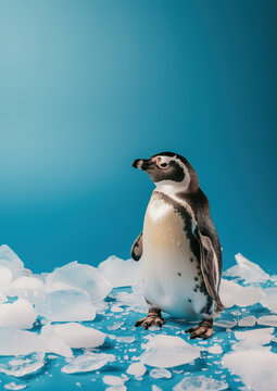Advertising portrait, banner, wet white black cute penguin and snow, ice around, isolated on blue background