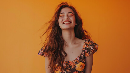 A full body depiction of a happy young woman white teeth with long auburn hair, wearing a floral maxi dress,  - obrazy, fototapety, plakaty