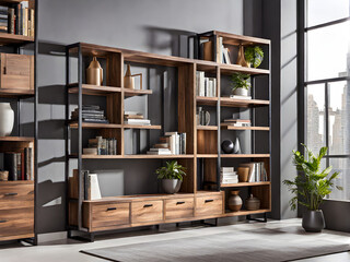Functional Industrial Design: Bench and Adjacent Bookshelf for Stylish Storage