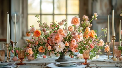 Table decoration with a bouquet of flowers, plates, glasses, napkins and candles arranged in a modern way.