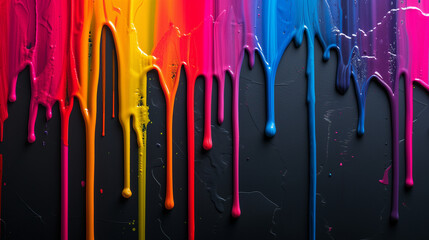 Multicolor Rainbow Liquid Dripping down a Black Wall