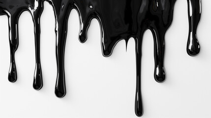 Thick black liquid slowly drips down a white wall - obrazy, fototapety, plakaty