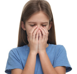 Sick girl coughing on white background. Cold symptoms