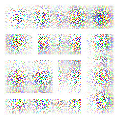 Pixel disintegration, decay effect. Various rectangular elements made of round shapes. Dispersed dotted pattern. Mosaic texture with simple particles. Colored noise. Vector illustration