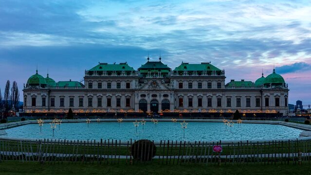 Sunset time lapse of the Belvedere Palace at Christmas time 