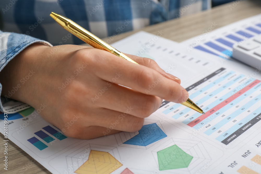 Sticker Woman working with accounting document at table, closeup