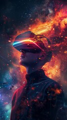 Obraz na płótnie Canvas A man is transported to a mesmerizing nebula through his virtual reality goggles, lost in a world of wonder and awe