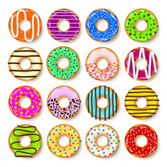 Donut, begel with cream. Cookies,cookie cake set. Sweet dessert with sugar and caramel. Tasty breakfast cooking. Cafateria food, snack. Coffee shop.Vector illustration.