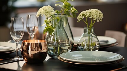 Table decoration with a bouquet of flowers, plates, glasses, napkins and candles arranged in a modern way. - obrazy, fototapety, plakaty