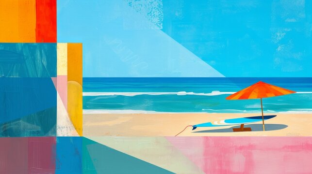 A vibrant painting captures the joy of a child's outdoor adventure, with a surfboard and umbrella on a aqua beach surrounded by water and art paint