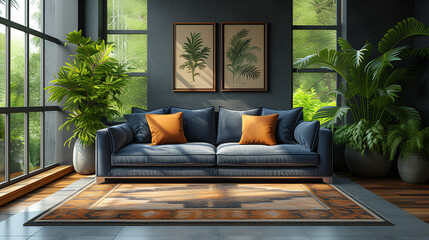 Living room - blue sofa - plant artwork - meticulous symmetry - perfectly centered composition - design and decor 