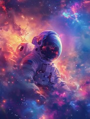 A lone astronaut drifts through a mesmerizing universe, surrounded by vibrant nebula clouds and shimmering stars - obrazy, fototapety, plakaty