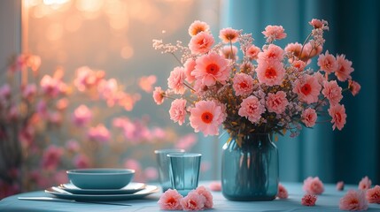 Table decoration with a bouquet of flowers, plates, glasses, napkins and candles arranged in a modern way. - obrazy, fototapety, plakaty
