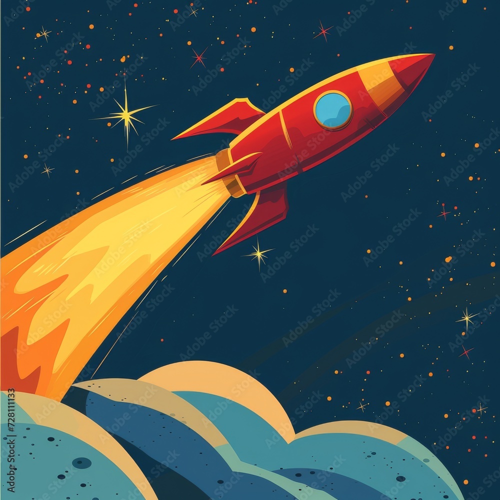 Poster An animated illustration captures the thrilling launch of a rocket, transporting viewers on a journey through the stars with playful cartoon style