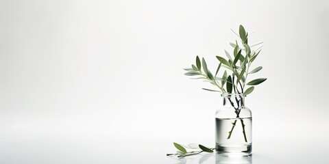Olive branch in glass vial. Minimal creation. - obrazy, fototapety, plakaty