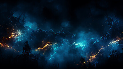 Blue fire on dark night sky background