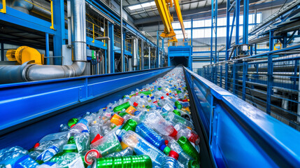 An endless stream of discarded plastic bottles travels along a mechanized path, highlighting the overwhelming impact of our consumer culture on the environment