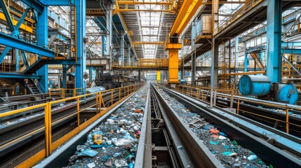 Fototapeta premium A decaying steel industry is depicted in this haunting indoor scene, as a train track laden with garbage winds through a factory building, symbolizing the crumbling state of engineering and metal man