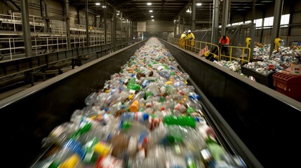 A sea of plastic bottles cascades down an indoor conveyor belt, a tangible reminder of our overwhelming consumption and its detrimental impact on the environment