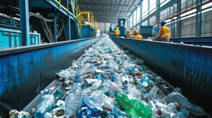 A never-ending stream of plastic bottles cascading down a vibrant blue conveyor belt, a striking display of modern engineering and the overwhelming impact of single-use plastics on our environment - obrazy, fototapety, plakaty