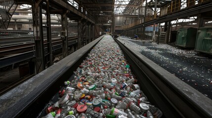 An abandoned train track leads to an indoor steel ground filled with plastic bottles, a haunting reminder of our wasteful habits