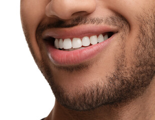 Fototapeta premium Smiling man with healthy clean teeth on white background, closeup