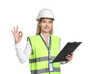 Engineer in hard hat holding clipboard and showing ok gesture on white background