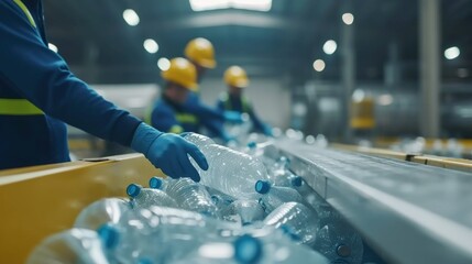 Amidst the sterile walls, diligent workers in protective gear meticulously separate the sea of blue plastic bottles, their purposeful actions a testament to the value of recycling and preserving our  - obrazy, fototapety, plakaty