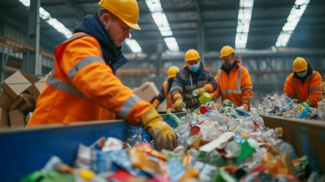 Hard-working engineers in their bright orange jackets and yellow helmets diligently sorting through endless piles of plastic bottles, their blue-collar workwear a symbol of their dedication to the ta