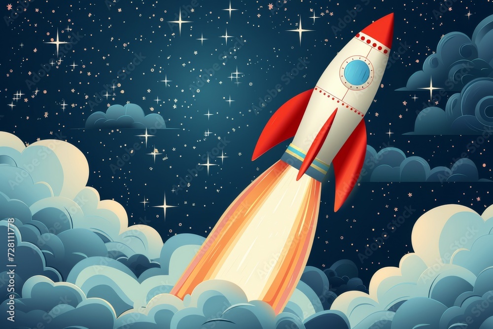 Poster a playful cartoon rocket pierces through the fluffy clouds, embarking on a thrilling journey through
