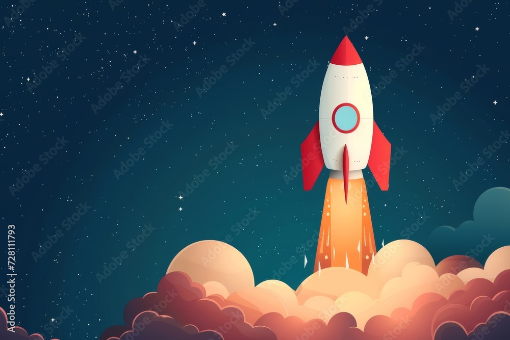 Poster experience the thrill and wonder of a cartoon rocket soaring through the sky in this animated screen