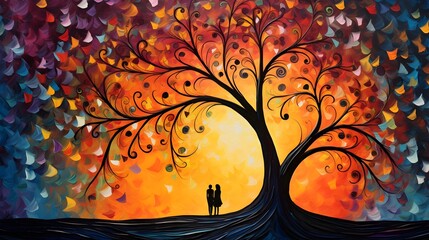 Couple Under Vibrant Artistic Tree at Sunset