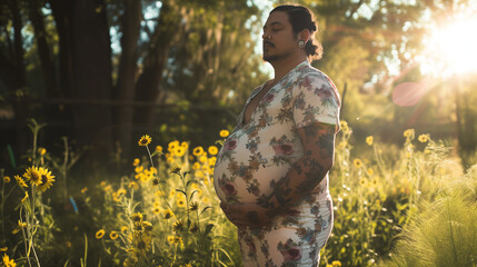 Heavily pregnant transgender man with tattoos. AI generated - obrazy, fototapety, plakaty