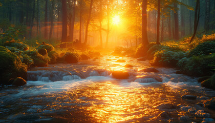 Enchanted Forest Stream at Sunrise with Golden Light