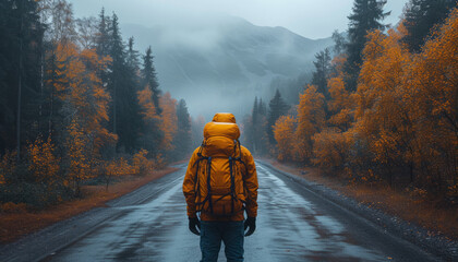 Solitary Trekker: Autumn Journey on a Misty Mountain Road - Powered by Adobe