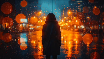 Solitary Figure Contemplating on a Rainy City Night