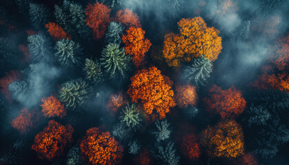 Fototapeta na wymiar Autumn Splendor in Misty Forest from Above