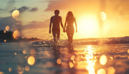 Silhouette of a Couple Walking on the Beach at Sunset